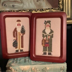 2 Finished And Framed Cross Stitch Santa’s Folk Art  Christmas Decor